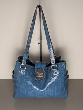 Liz Claiborne Blue Patent Faux-croc Satchel Handbag Purse Vintage Womens